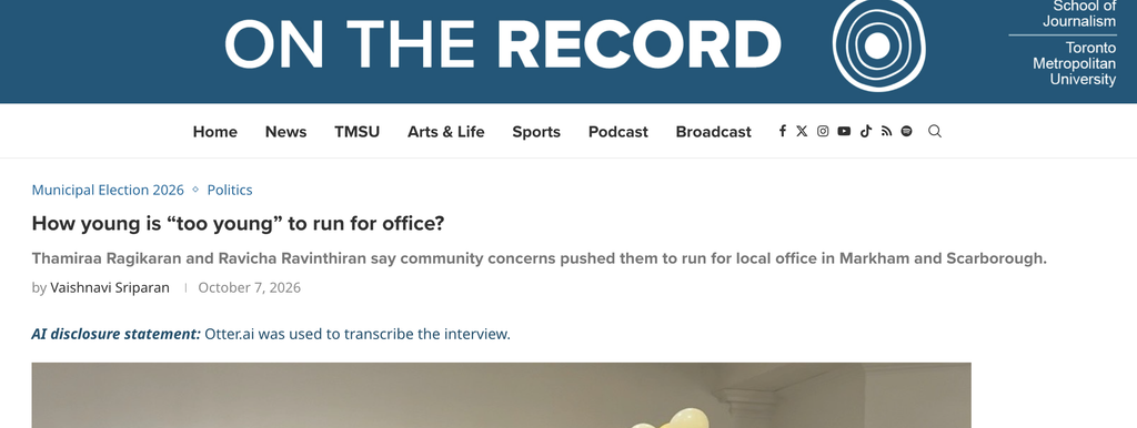 A screenshot of a post on the On The Record website displaying the AI Disclosure directly under the student byline.